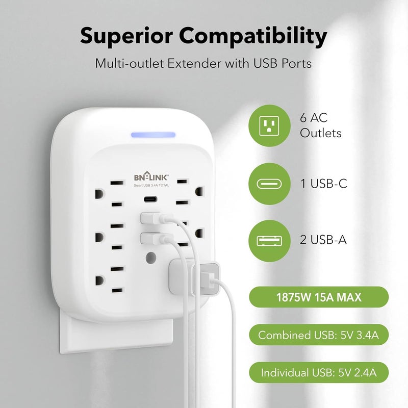 BN-LINK Surge Protector USB Wall 6 Outlet Extender with 3 USB Ports (USB C), Multi Plug Outlet Expander, Electrical Splitter for School, Travel, Office, Home, ETL Listed - Image 3